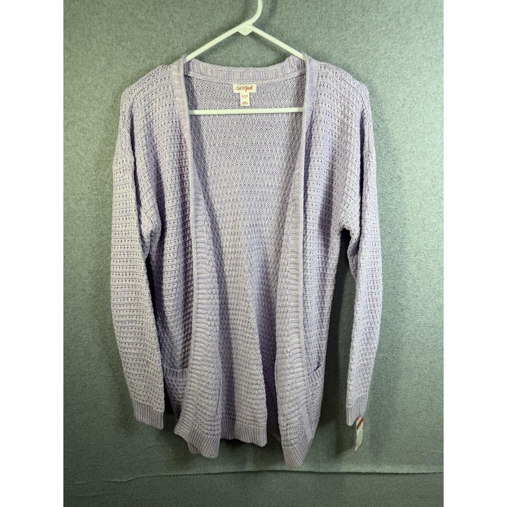 Cat & Jack Cardigan Sweater Girls 14 Purple Open Front Knit Pockets Long Sleeve